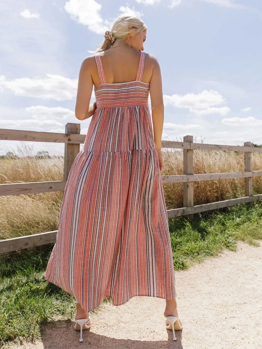 CM-DS609600 Women Trendy Bohemian Style Sleeveless Striped Maxi Cami Dress - Red