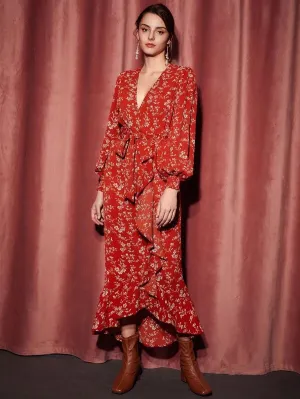CM-DS760603 Women Trendy Bohemian Style Ditsy Floral Print Ruffle Trim Wrap Belted Dress
