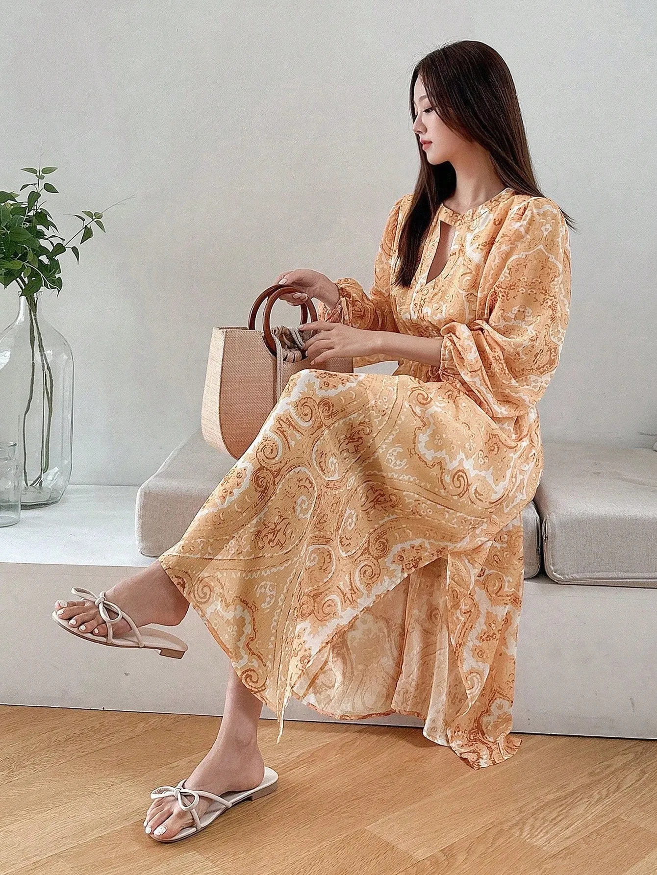 CM-DS810814 Women Trendy Bohemian Style Paisley Print Lantern Sleeve Dress - Yellow