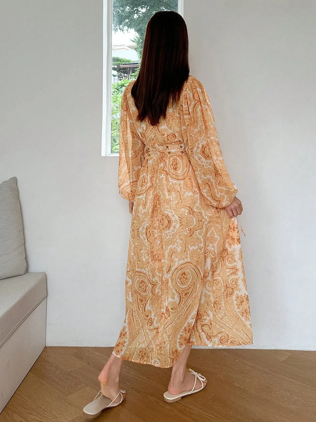 CM-DS810814 Women Trendy Bohemian Style Paisley Print Lantern Sleeve Dress - Yellow