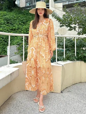 CM-DS810814 Women Trendy Bohemian Style Paisley Print Lantern Sleeve Dress - Yellow