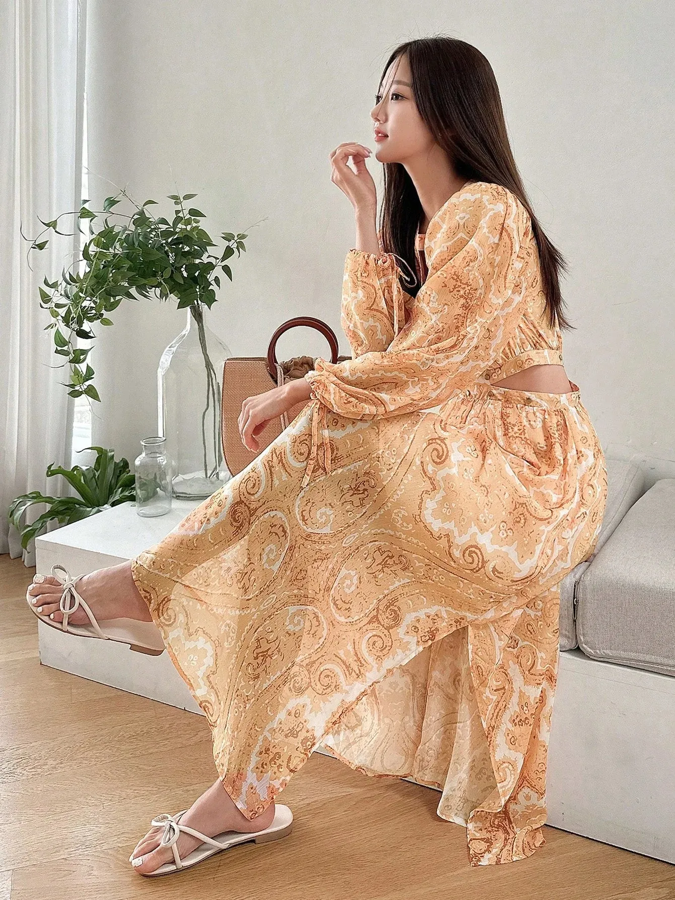 CM-DS810814 Women Trendy Bohemian Style Paisley Print Lantern Sleeve Dress - Yellow