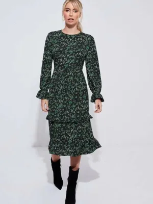 CM-DS826962 Women Casual Seoul Style Flounce Sleeve Ditsy Floral Print Ruffle Trim Dress