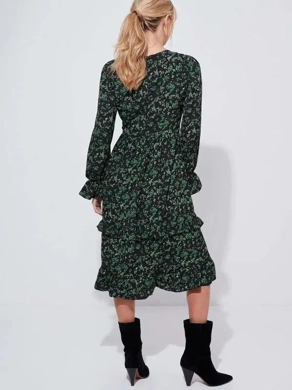CM-DS826962 Women Casual Seoul Style Flounce Sleeve Ditsy Floral Print Ruffle Trim Dress