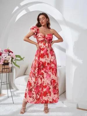CM-DS890111 Women Elegant Seoul Style Floral Print Cut Out Waist Dress