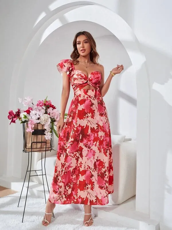 CM-DS890111 Women Elegant Seoul Style Floral Print Cut Out Waist Dress