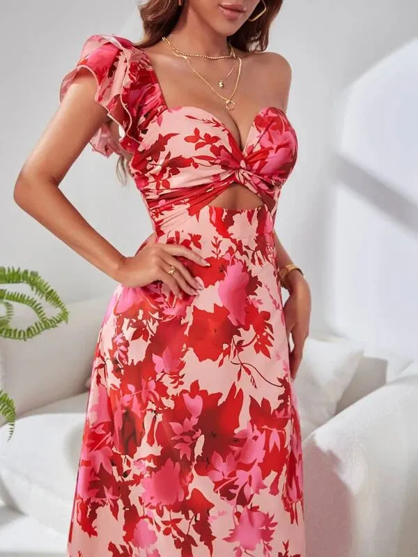 CM-DS890111 Women Elegant Seoul Style Floral Print Cut Out Waist Dress