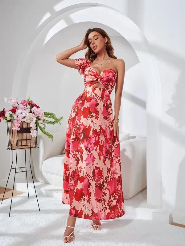 CM-DS890111 Women Elegant Seoul Style Floral Print Cut Out Waist Dress