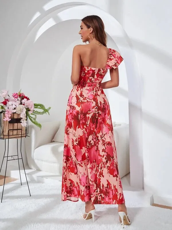 CM-DS890111 Women Elegant Seoul Style Floral Print Cut Out Waist Dress