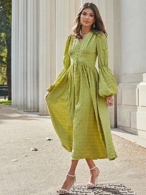 CM-DS917862 Women Elegant European Style V-Neck Lantern Sleeve Textured Flare Dress - Green