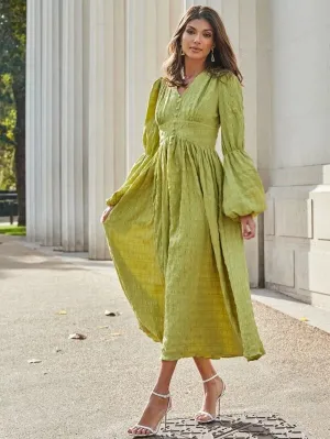 CM-DS917862 Women Elegant European Style V-Neck Lantern Sleeve Textured Flare Dress - Green