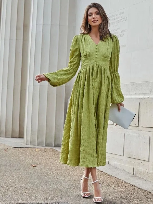 CM-DS917862 Women Elegant European Style V-Neck Lantern Sleeve Textured Flare Dress - Green