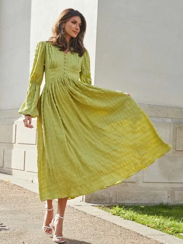 CM-DS917862 Women Elegant European Style V-Neck Lantern Sleeve Textured Flare Dress - Green