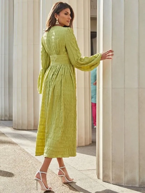 CM-DS917862 Women Elegant European Style V-Neck Lantern Sleeve Textured Flare Dress - Green