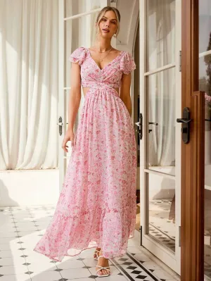 CM-DS922179 Women Trendy Bohemian Style Floral Chiffon Cutout Waist Dress - Pink