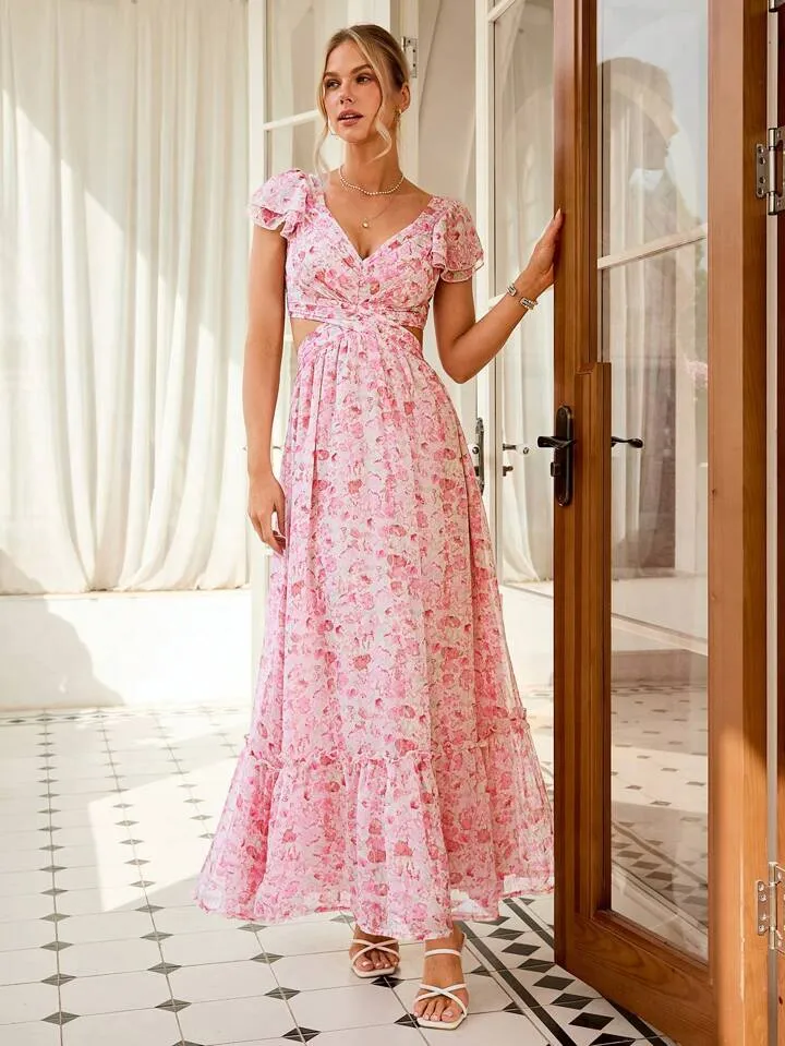 CM-DS922179 Women Trendy Bohemian Style Floral Chiffon Cutout Waist Dress - Pink