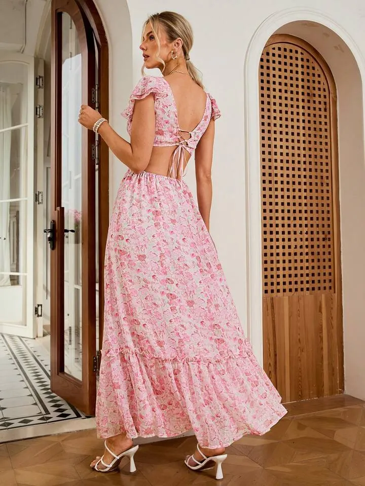 CM-DS922179 Women Trendy Bohemian Style Floral Chiffon Cutout Waist Dress - Pink