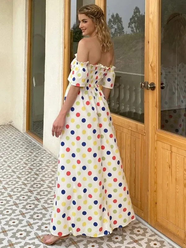 CM-ES508225 Women Trendy Bohemian Style Polka Dot Ruffle Off Shoulder Flounce Sleeve Shirred Bodice Dress