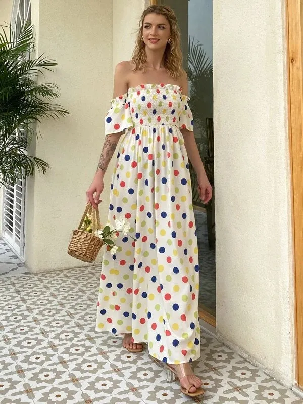 CM-ES508225 Women Trendy Bohemian Style Polka Dot Ruffle Off Shoulder Flounce Sleeve Shirred Bodice Dress