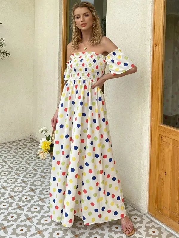 CM-ES508225 Women Trendy Bohemian Style Polka Dot Ruffle Off Shoulder Flounce Sleeve Shirred Bodice Dress