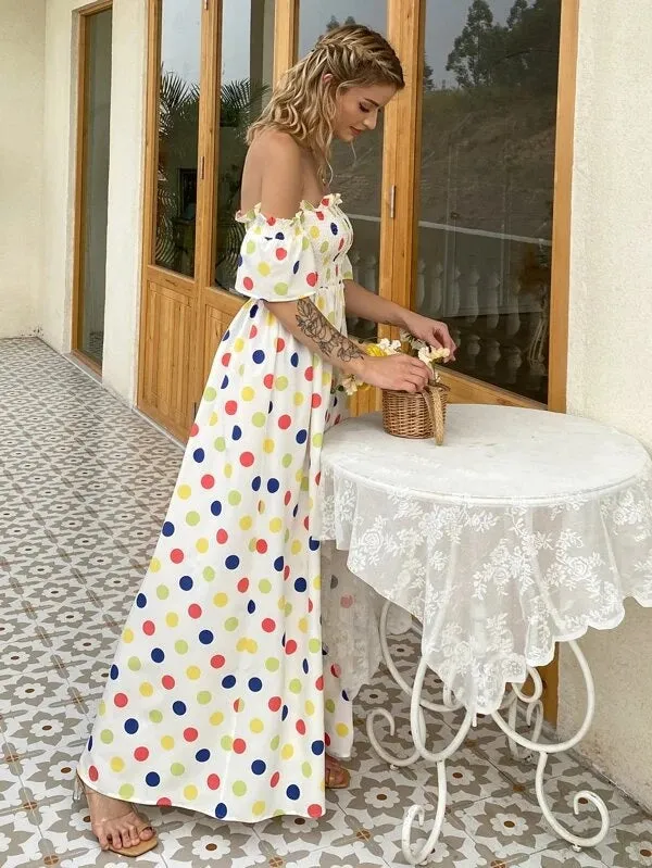 CM-ES508225 Women Trendy Bohemian Style Polka Dot Ruffle Off Shoulder Flounce Sleeve Shirred Bodice Dress