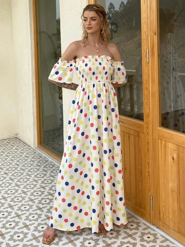 CM-ES508225 Women Trendy Bohemian Style Polka Dot Ruffle Off Shoulder Flounce Sleeve Shirred Bodice Dress