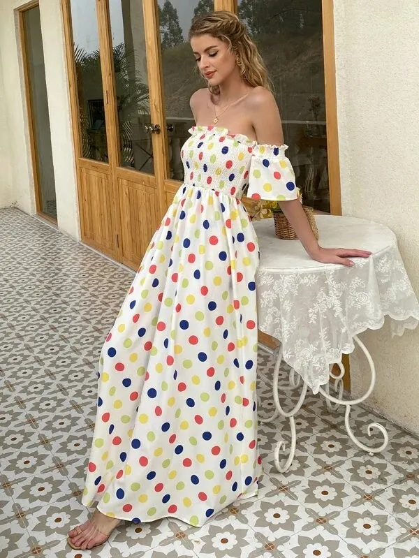 CM-ES508225 Women Trendy Bohemian Style Polka Dot Ruffle Off Shoulder Flounce Sleeve Shirred Bodice Dress