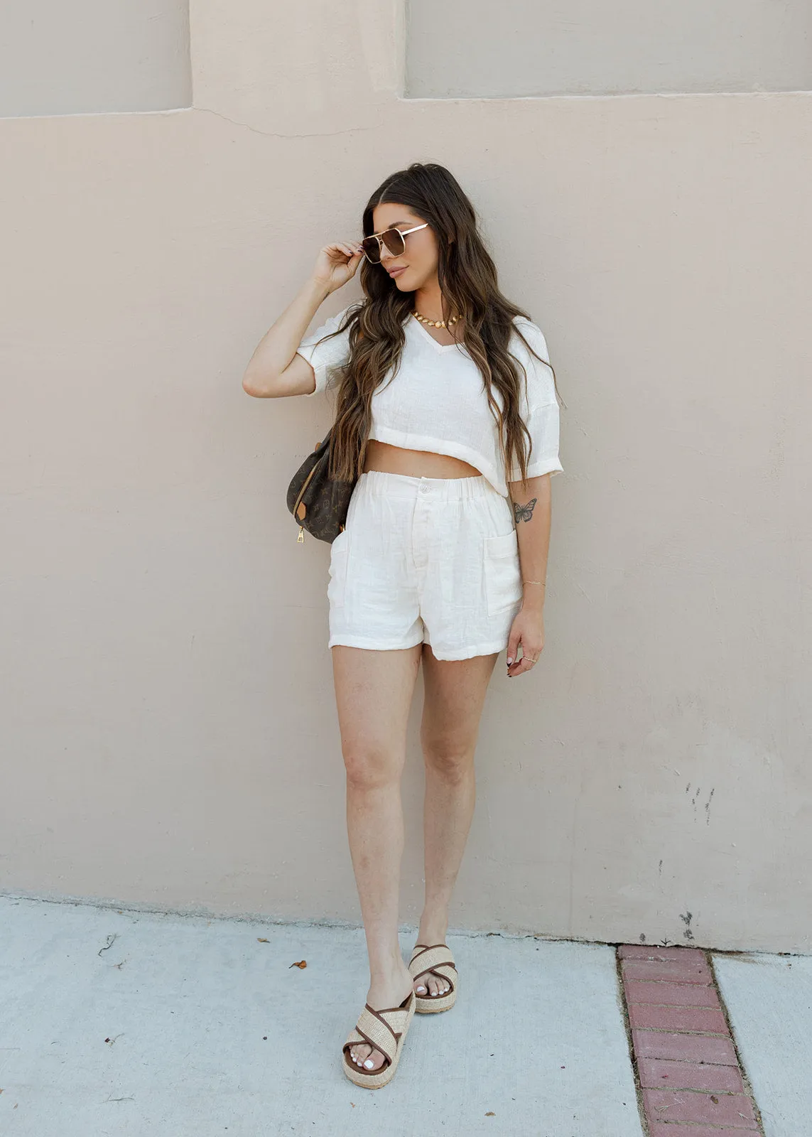 Coastal Weave Cropped V Neck Top