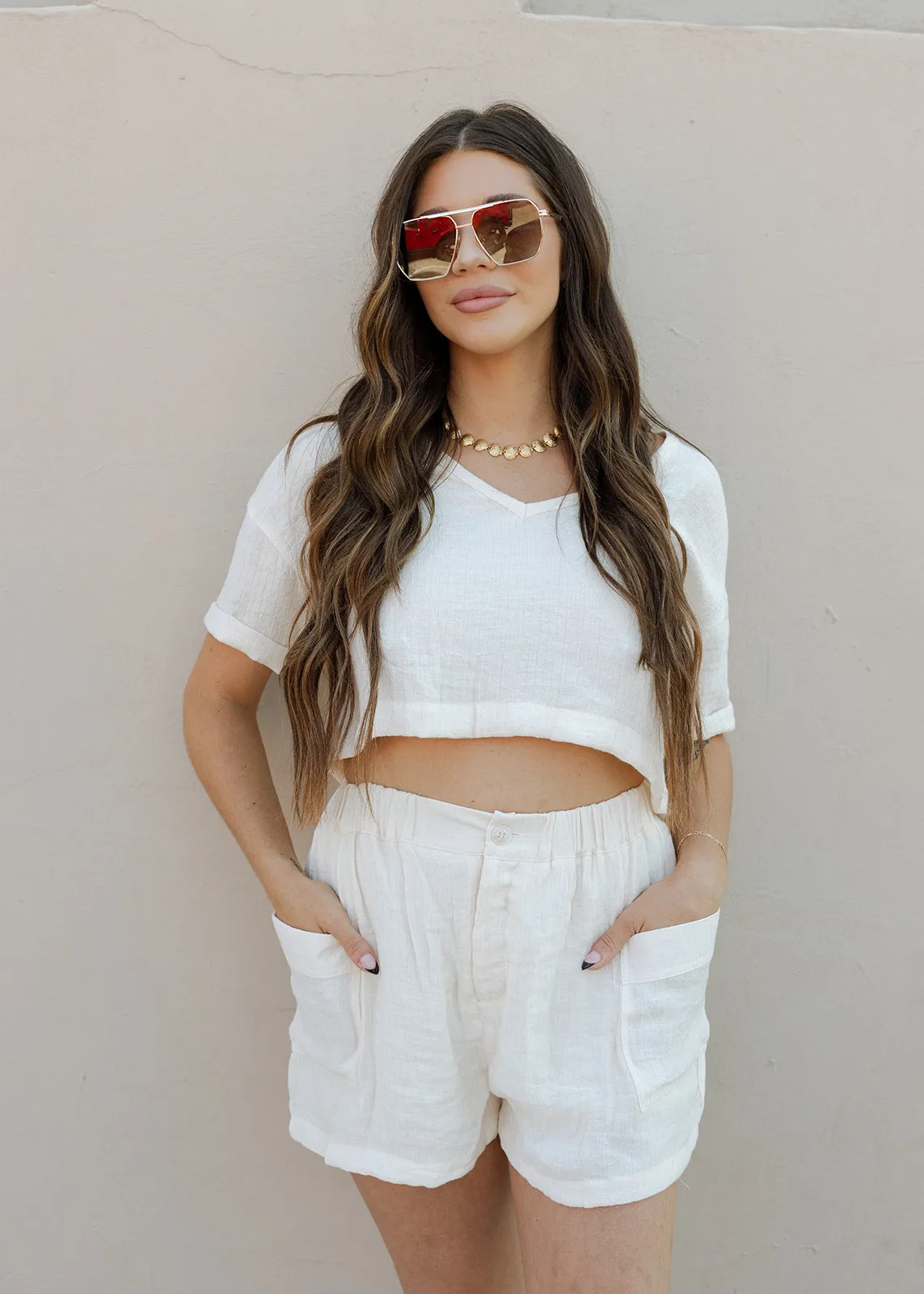 Coastal Weave Cropped V Neck Top