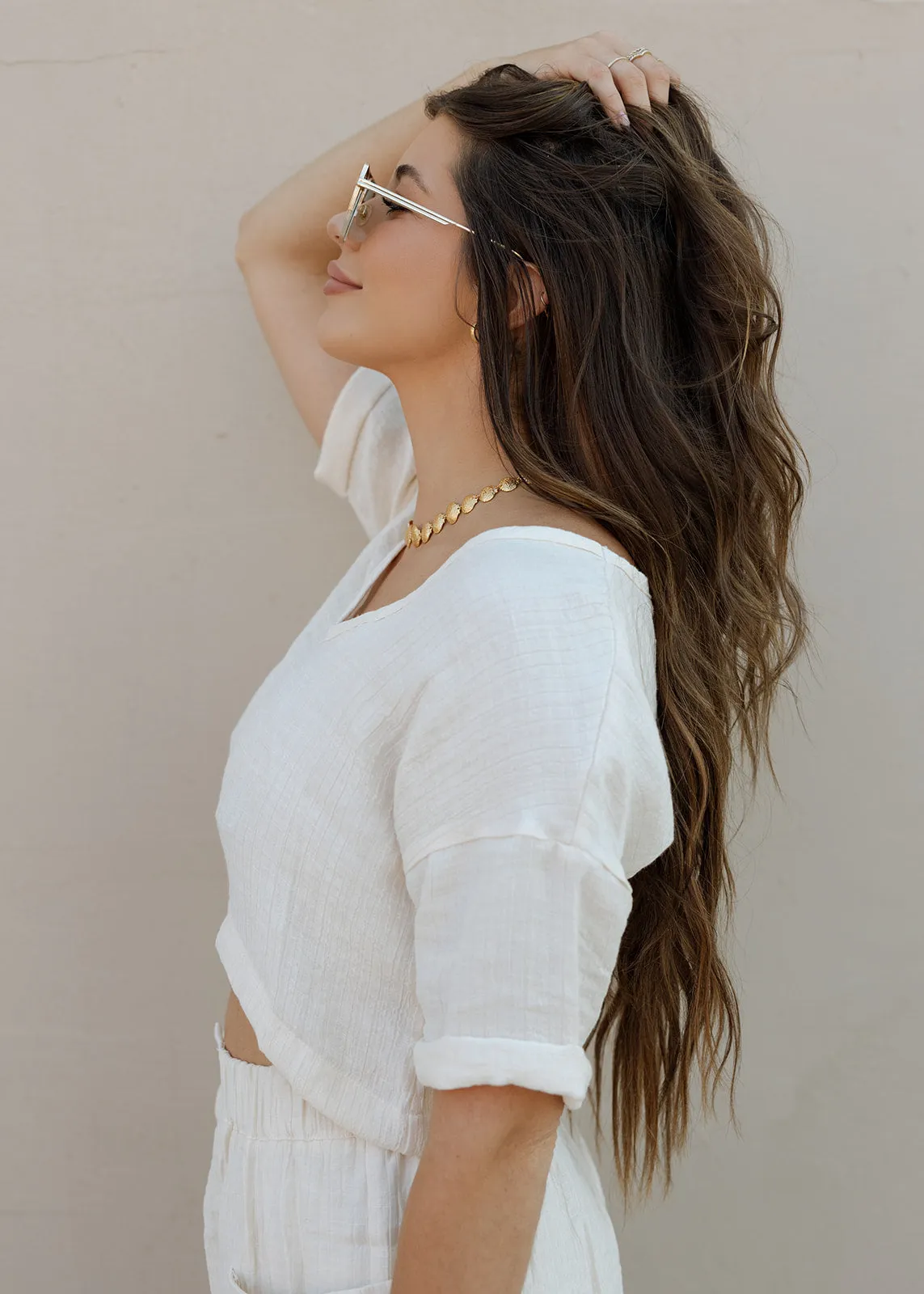 Coastal Weave Cropped V Neck Top