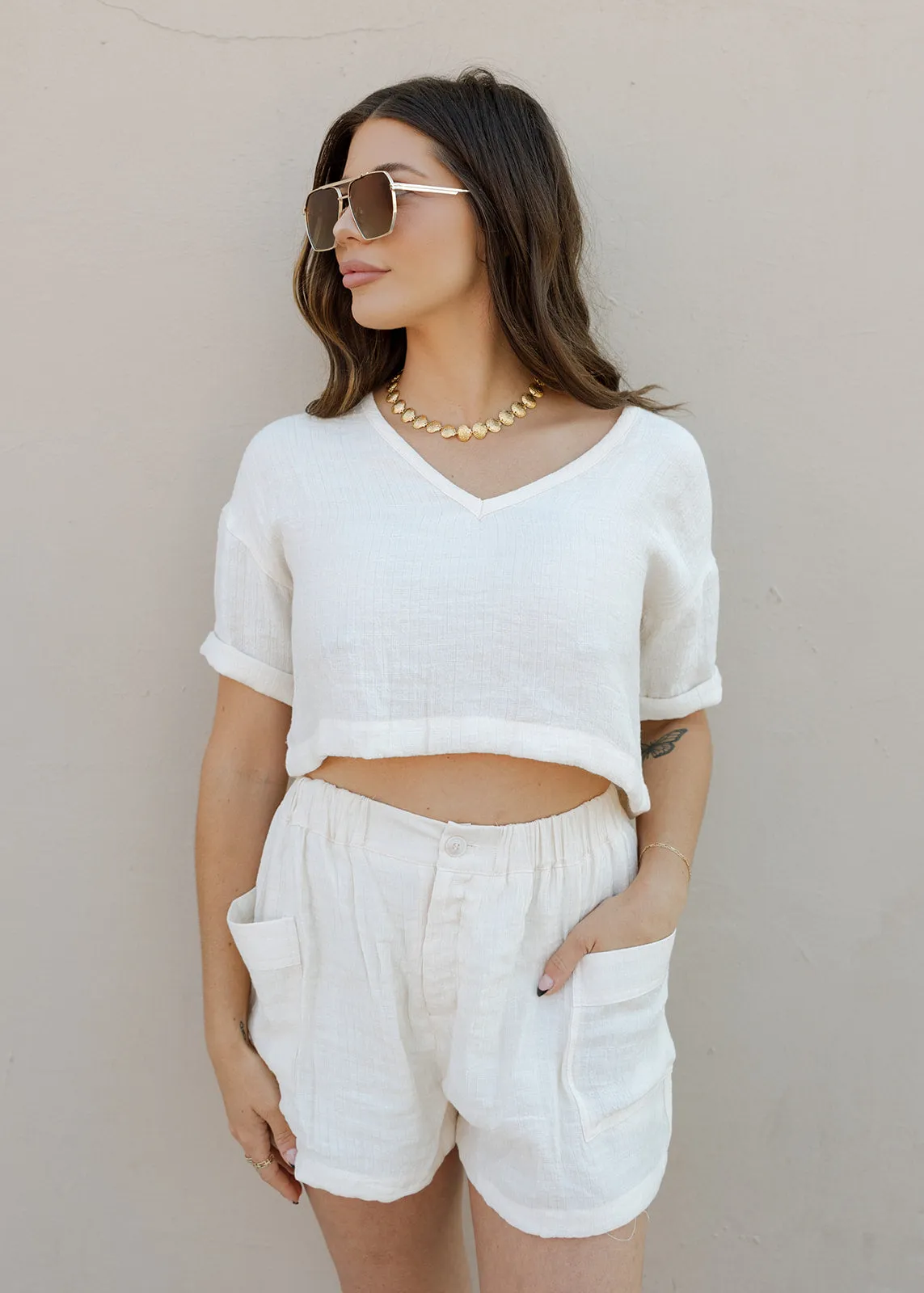 Coastal Weave Cropped V Neck Top