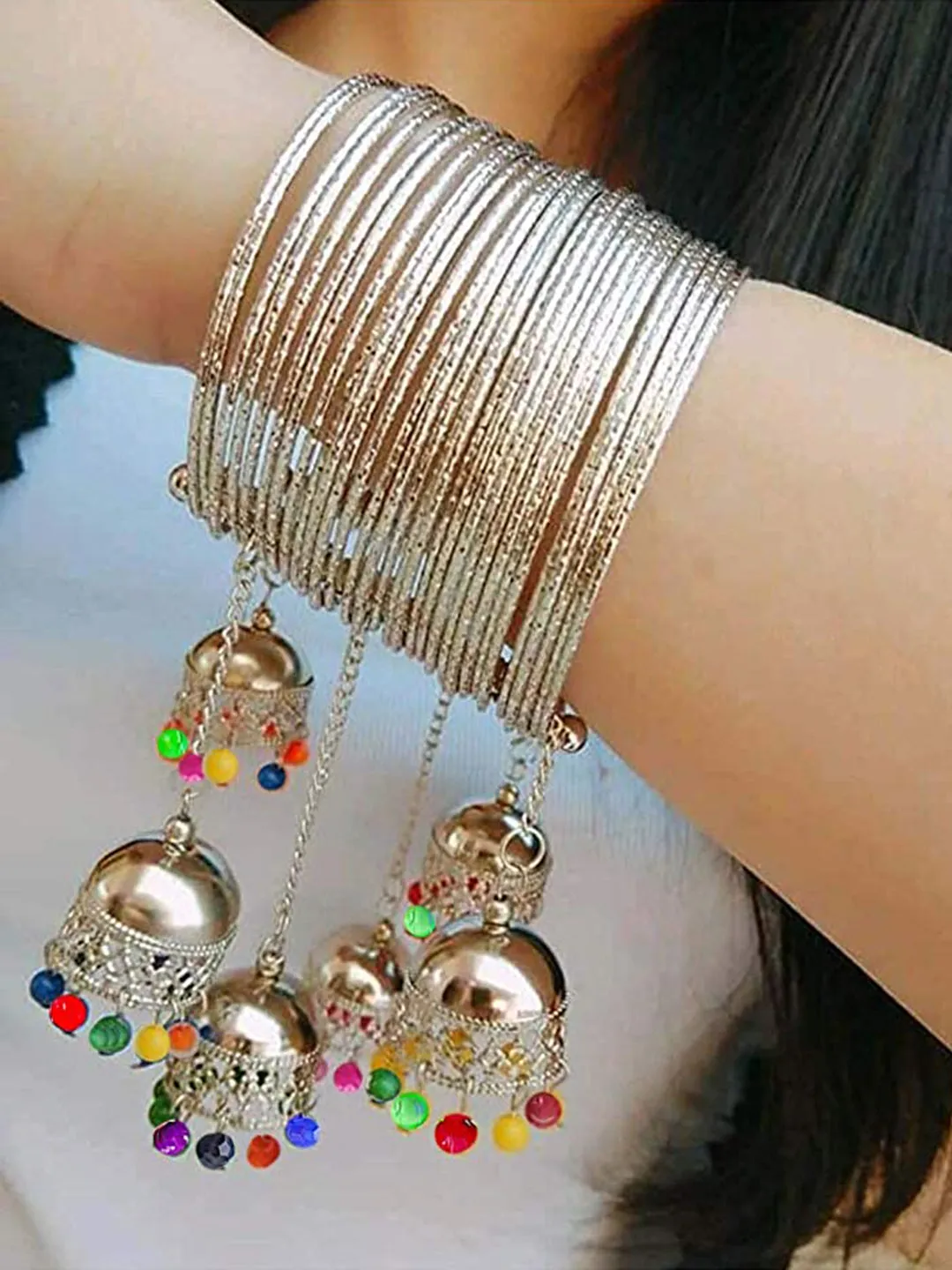 Combo of 2 Silver Bangle Bracelet with Hanging Jhumki
