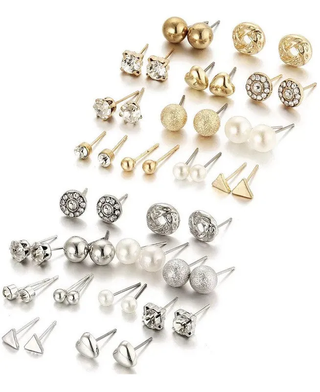Combo Of 24 Pair Golden and Silver Pearl Stud Earrings