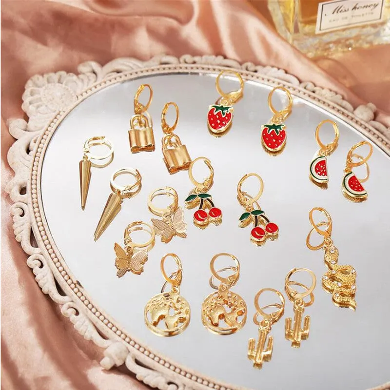 Combo of 9 Pair Fruit Animal Earth and Lock Earrings