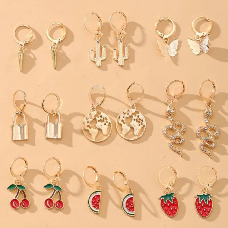 Combo of 9 Pair Fruit Animal Earth and Lock Earrings