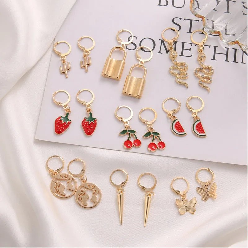 Combo of 9 Pair Fruit Animal Earth and Lock Earrings