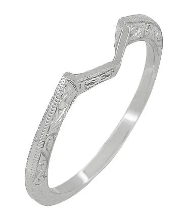 Contoured Art Deco Filigree Scrolls Wedding Band in 14 Karat White Gold