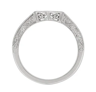 Contoured Art Deco Filigree Scrolls Wedding Band in 14 Karat White Gold