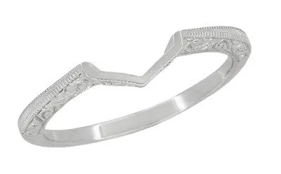 Contoured Art Deco Filigree Scrolls Wedding Band in 14 Karat White Gold