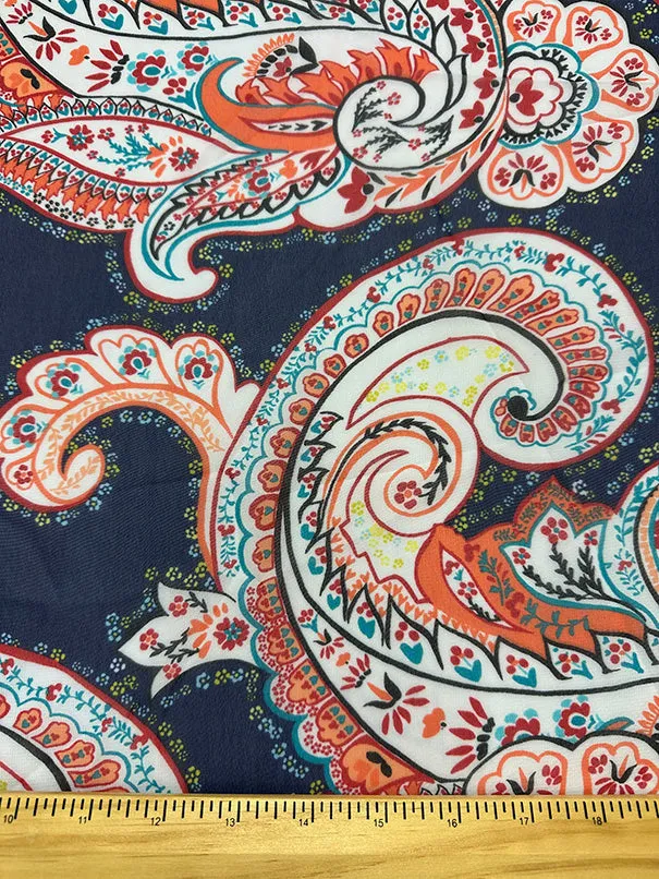 Coral Floral Paisley Print Poly Chiffon Fabric
