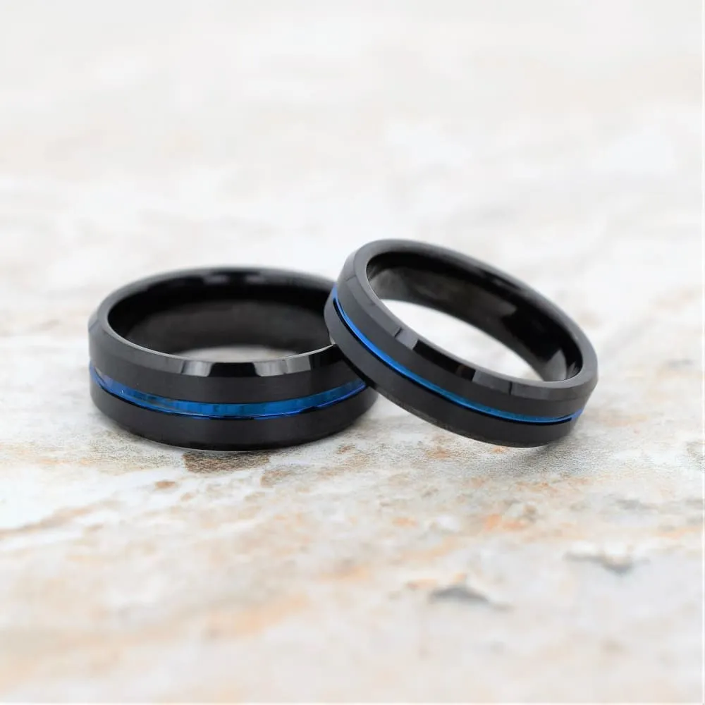 Corey Black & Blue Tungsten Wedding Band Ion Plated Blue Stripe and Beveled Edges 6mm & 8mm