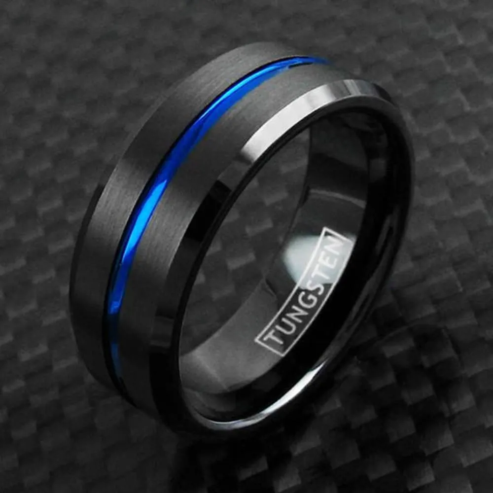 Corey Black & Blue Tungsten Wedding Band Ion Plated Blue Stripe and Beveled Edges 6mm & 8mm
