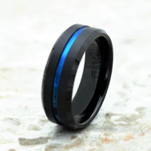 Corey Black & Blue Tungsten Wedding Band Ion Plated Blue Stripe and Beveled Edges 6mm & 8mm