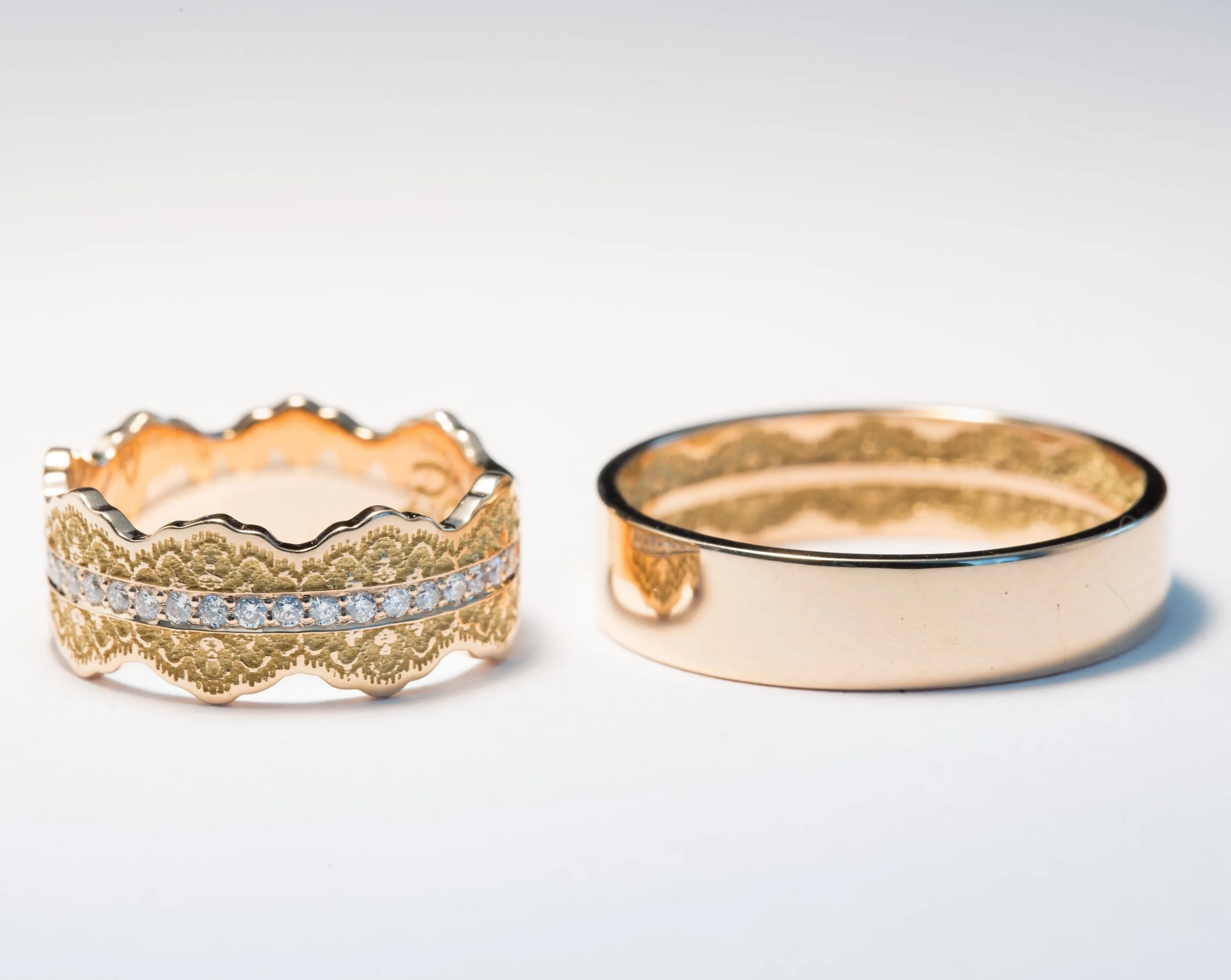 Couples Matching Esme Lace Wedding Ring Set with Diamonds