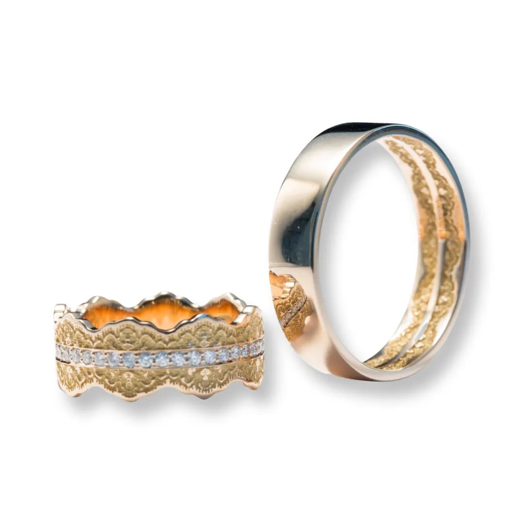 Couples Matching Esme Lace Wedding Ring Set with Diamonds