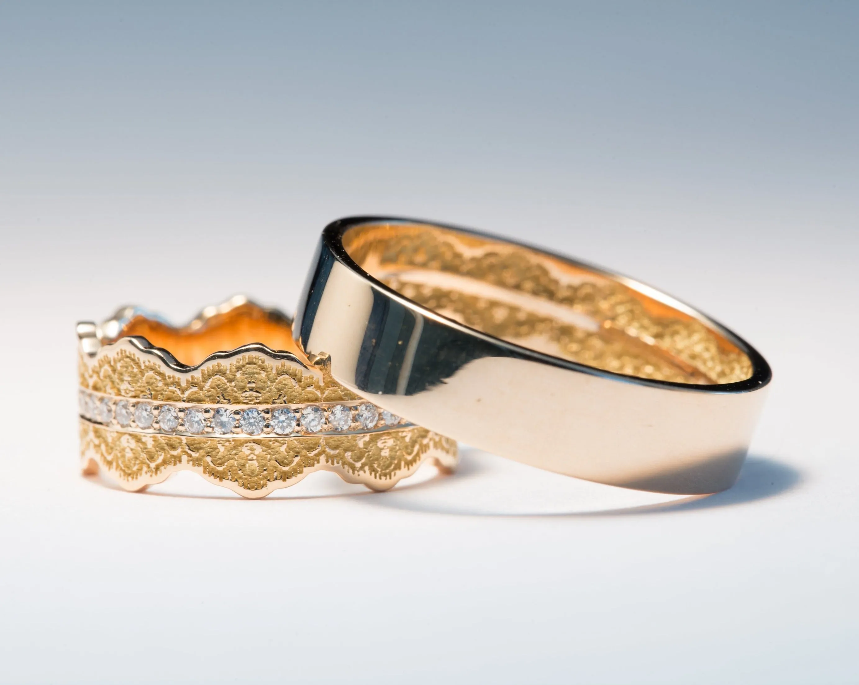 Couples Matching Esme Lace Wedding Ring Set with Diamonds