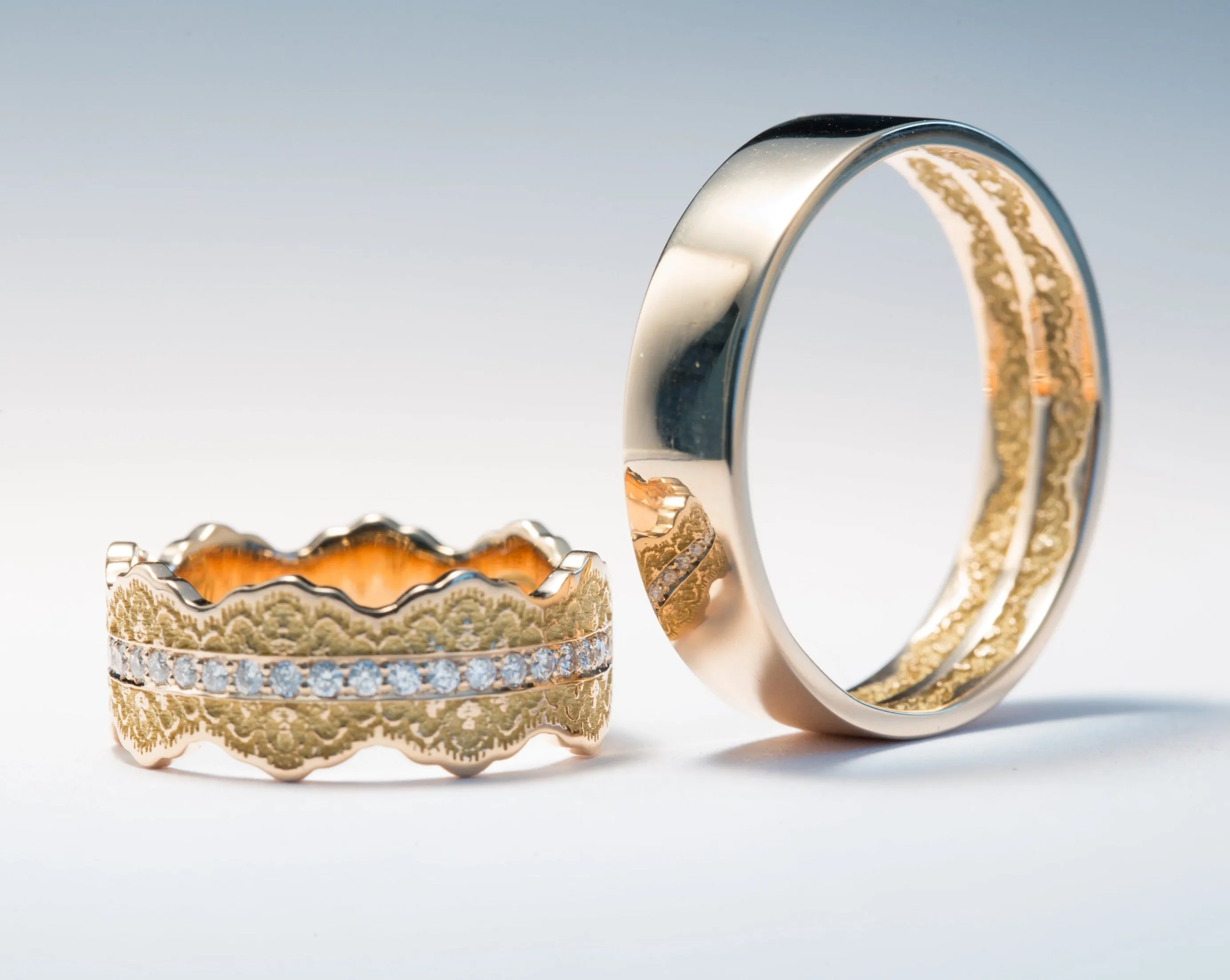 Couples Matching Esme Lace Wedding Ring Set with Diamonds
