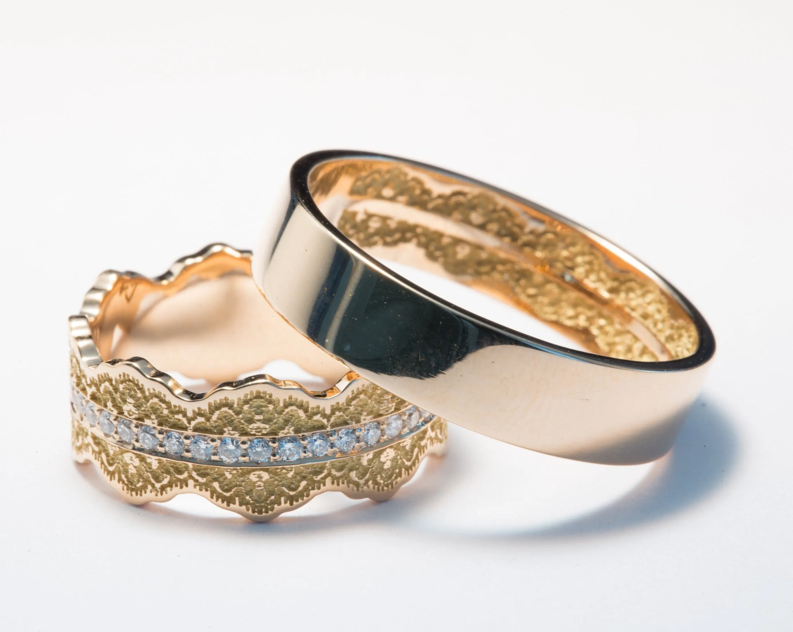 Couples Matching Esme Lace Wedding Ring Set with Diamonds