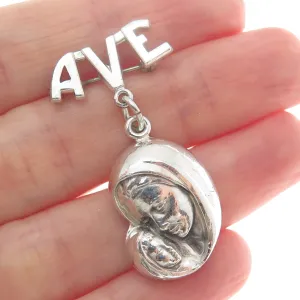 CREED 925 Sterling Silver Vintage Ave St. Mary & Baby Jesus Dangle Pin Brooch
