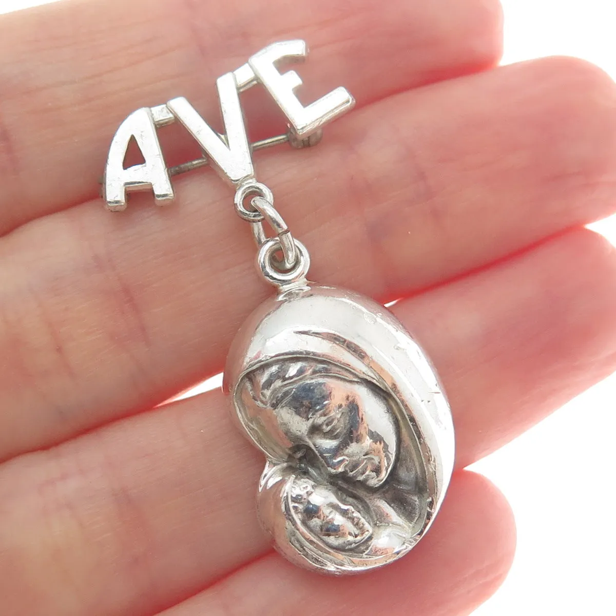 CREED 925 Sterling Silver Vintage Ave St. Mary & Baby Jesus Dangle Pin Brooch